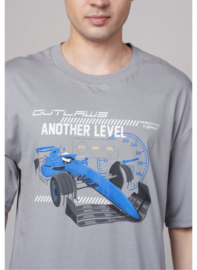 OUTLAWS تي شيرت مطبوع برسومات OUTLAWS للرجال باللون الرمادي - Image 2