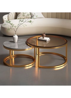 Set of 2 Modern Nesting Tables, Set Coffee Table, Round Sofa Side Table, Living Room, Tempered Glass Top and Black Metal Frame, (70cm Tall and 50cm Small)