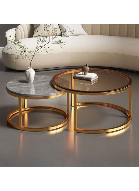 Set of 2 Modern Nesting Tables, Set Coffee Table, Round Sofa Side Table, Living Room, Tempered Glass Top and Black Metal Frame, (70cm Tall and 50cm Small)