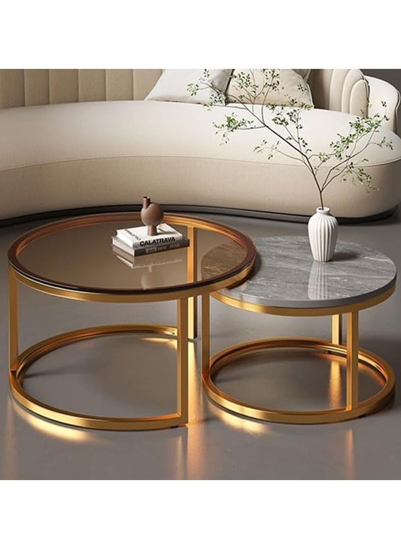 DubaiGallery - Set of 2 Modern Nesting Tables, Set Coffee Table, Round Sofa Side Table, Living Room, Tempered Glass Top and Black Metal Frame, (70cm Tall and 50cm Small) - Image 1