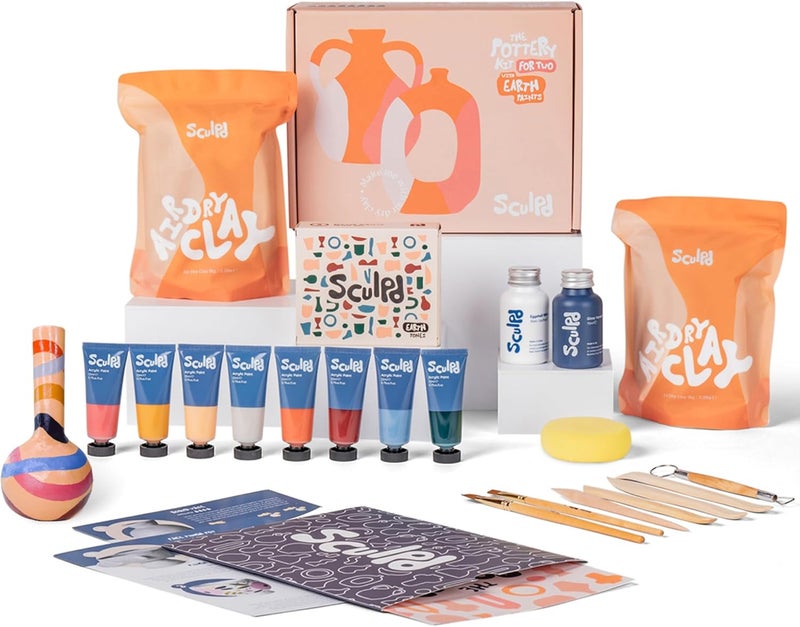 Sculpd - The Original Pottery Kit for Adults - Air Dry Clay for Adults, Tools, Varnish, Paints, Brushes, Couples Date Night Arts & Crafts Set, Gloss Varnish with Earth Tones - Image 1