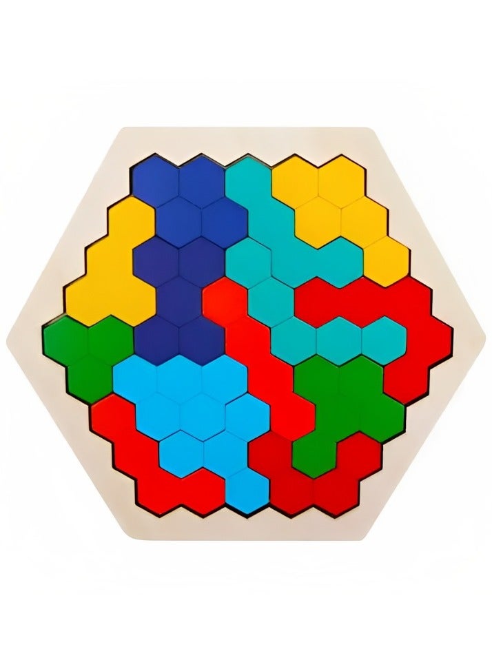 Montessori Wooden Hexagon Puzzle for Kid Adult Brain Teaser Puzzles Challenge Toy Shape Pattern Blocks Tangram Geometry Logic IQ Games STEM, Educational Gift for All Ages Boys & Girls - Image 1