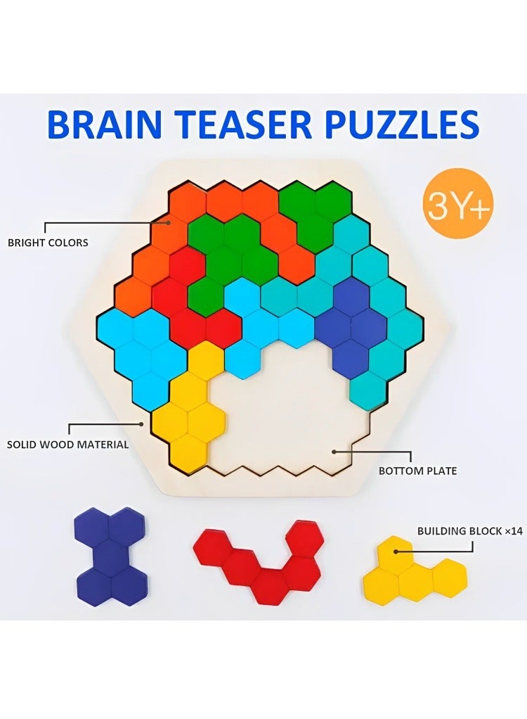 Montessori Wooden Hexagon Puzzle for Kid Adult Brain Teaser Puzzles Challenge Toy Shape Pattern Blocks Tangram Geometry Logic IQ Games STEM, Educational Gift for All Ages Boys & Girls - Image 2