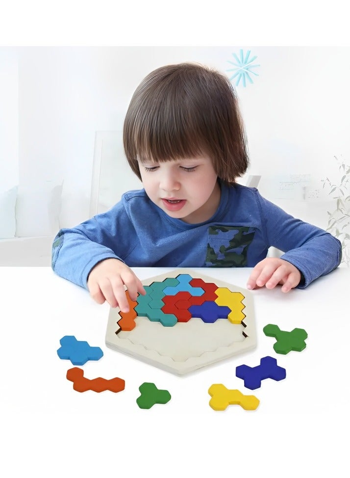 Montessori Wooden Hexagon Puzzle for Kid Adult Brain Teaser Puzzles Challenge Toy Shape Pattern Blocks Tangram Geometry Logic IQ Games STEM, Educational Gift for All Ages Boys & Girls - Image 5