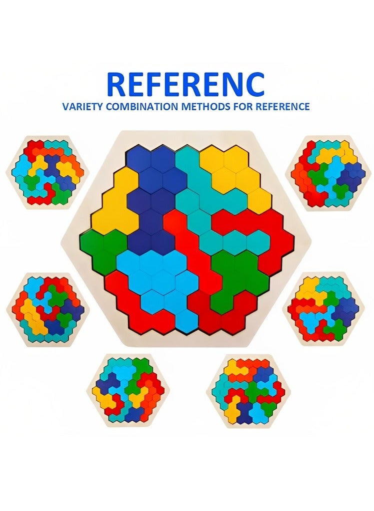 Montessori Wooden Hexagon Puzzle for Kid Adult Brain Teaser Puzzles Challenge Toy Shape Pattern Blocks Tangram Geometry Logic IQ Games STEM, Educational Gift for All Ages Boys & Girls - Image 3