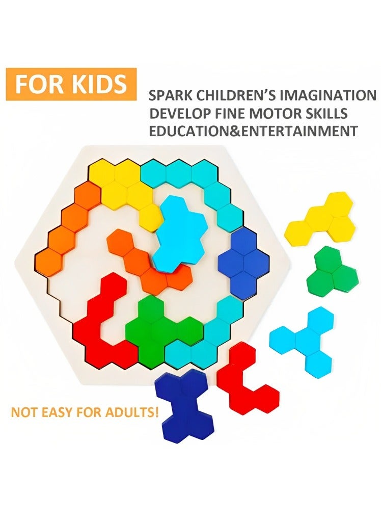 Montessori Wooden Hexagon Puzzle for Kid Adult Brain Teaser Puzzles Challenge Toy Shape Pattern Blocks Tangram Geometry Logic IQ Games STEM, Educational Gift for All Ages Boys & Girls - Image 4