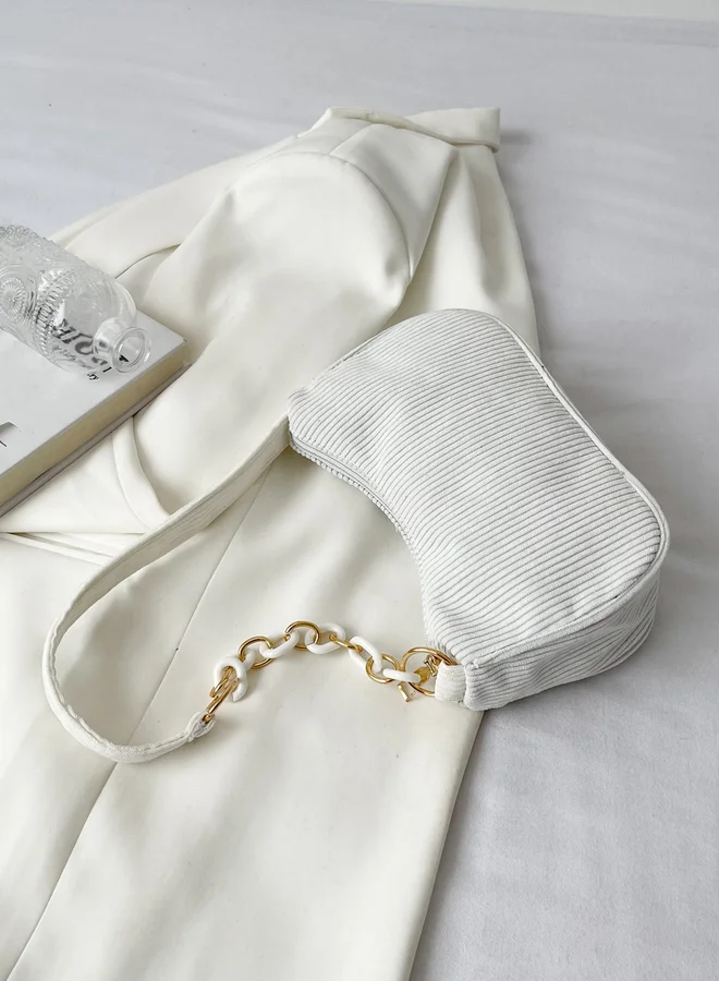 Take Two White Corduroy Shoulder Bag with Chain Detail