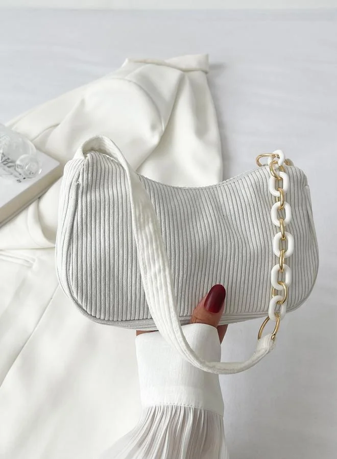 Take Two White Corduroy Shoulder Bag with Chain Detail