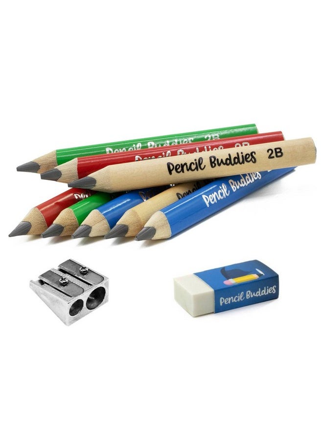 Pencil Buddies - Short Jumbo Kids Pencils For Preschoolers, Kindergarten, Toddlers & Beginners - 8 Triangular Pencils & Sharpener, Fat Pencils For Kindergarten, 2B, Jumbo Pencils, Kids Pencils, Ages 2-6 (Multi Color) - Image 1