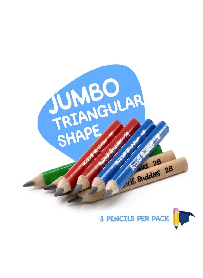 Pencil Buddies - Short Jumbo Kids Pencils For Preschoolers, Kindergarten, Toddlers & Beginners - 8 Triangular Pencils & Sharpener, Fat Pencils For Kindergarten, 2B, Jumbo Pencils, Kids Pencils, Ages 2-6 (Multi Color) - Image 1