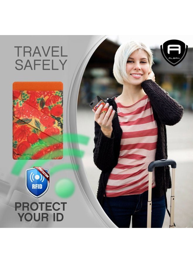 Alban 2 Pack Stick On Back of Cell Phone Pocket Wallets. Adhesive Credit Card Holder with RFID Blocking and Finger Strap - Orange Floral - Image 5