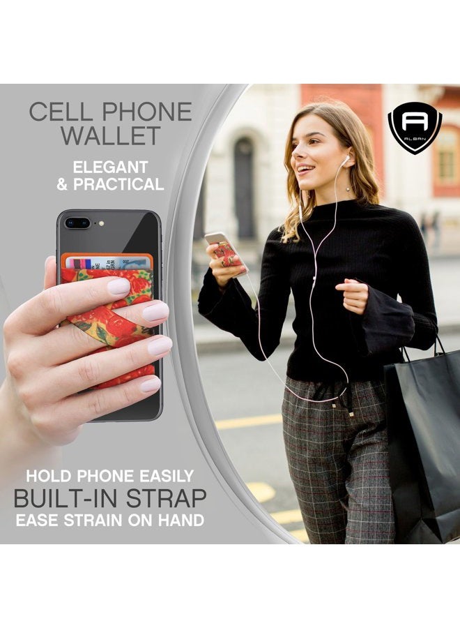Alban 2 Pack Stick On Back of Cell Phone Pocket Wallets. Adhesive Credit Card Holder with RFID Blocking and Finger Strap - Orange Floral - Image 2