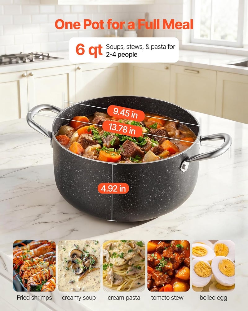 VEVOR Aluminum Stock Pot, 6-Quart Nonstick Ceramic Coated Pot with Glass Lid, PFOA-Free, PFAS-Free, Compatible with Gas Stoves, Induction Cooktops, Electric Stoves, for Soups, Stews, and Pasta - Image 5