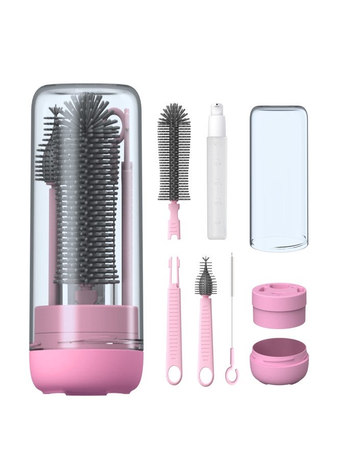 YOTIME Baby Bottle Brush, Travel Bottle Cleaner Kit with Extendable Silicone Bottle Brush, Nipple Cleaner Brush, Straw Brush, Soap Dispenser, Dust Cap and Stand, Pink - Image 1