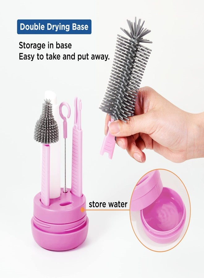 YOTIME Baby Bottle Brush, Travel Bottle Cleaner Kit with Extendable Silicone Bottle Brush, Nipple Cleaner Brush, Straw Brush, Soap Dispenser, Dust Cap and Stand, Pink - Image 3