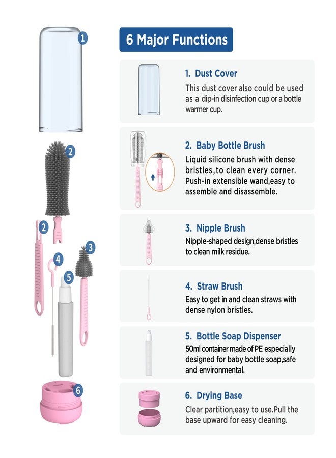 YOTIME Baby Bottle Brush, Travel Bottle Cleaner Kit with Extendable Silicone Bottle Brush, Nipple Cleaner Brush, Straw Brush, Soap Dispenser, Dust Cap and Stand, Pink - Image 2