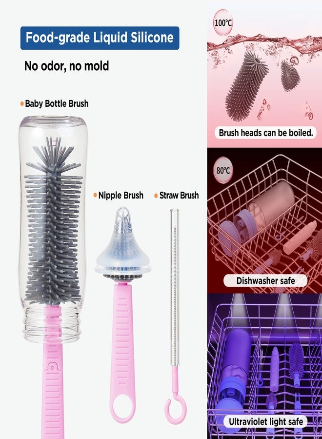 YOTIME Baby Bottle Brush, Travel Bottle Cleaner Kit with Extendable Silicone Bottle Brush, Nipple Cleaner Brush, Straw Brush, Soap Dispenser, Dust Cap and Stand, Pink - Image 4
