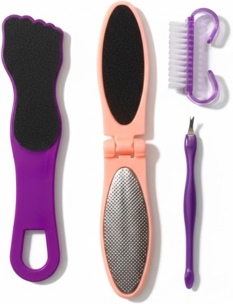 Pedicure Tool SET -4PCS Foot Scrubber Brush Foot File Callus Remover with Foot Rasp, Pumice Stone, Nail Cleaning Brush and Sand Paper for Dry and Wet Foot Care Dead Skin Remover (MULTI COLOR)