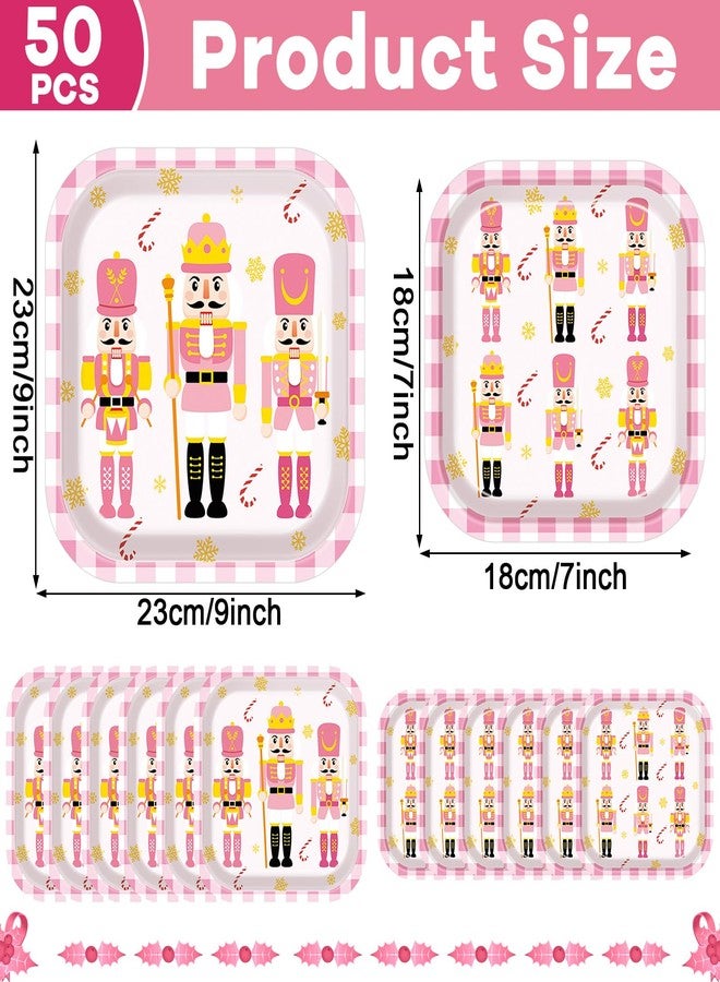 Oitnlaughter 50Pcs Christmas Nutcracker Party Supplies Nutcracker Christmas Paper Plates Pink Plaid Disposable Dinner Dessert Plates Soldier Tableware Set for Xmas Winter Holiday Family Gatherings Birthday Decor - Image 2