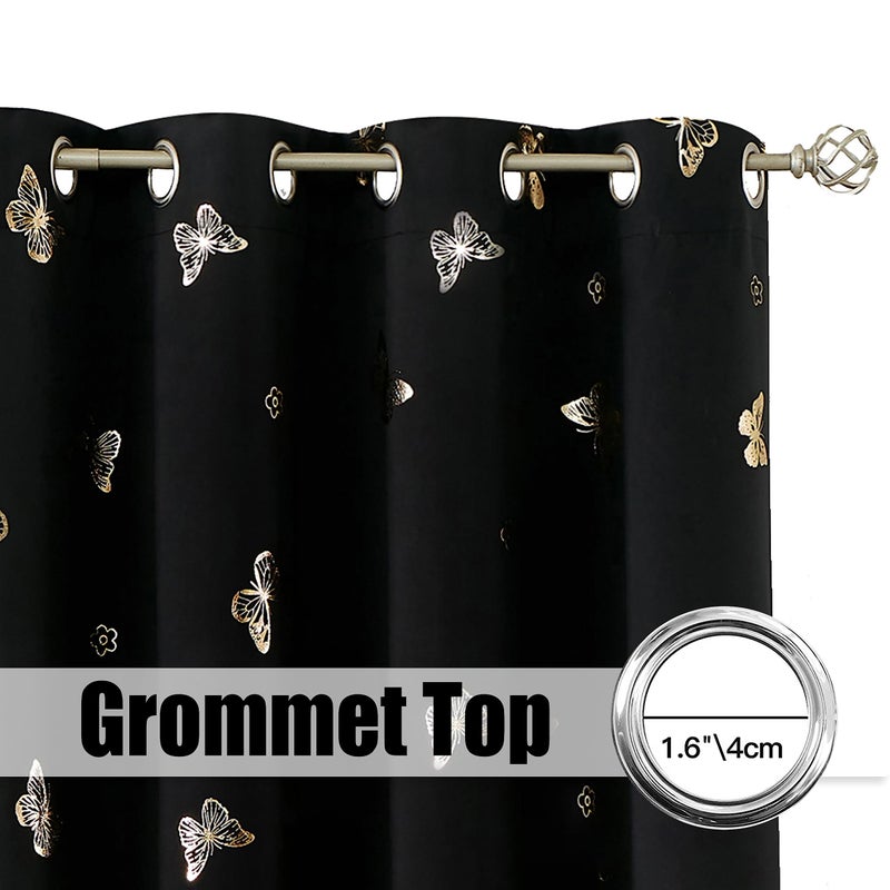 Jubilantex Butterfly Blackout Curtains 2 Panels for Kids Bedroom Black Gold Foil Print Floral Drapery 100% Room Darkening for Halloween Grommet Top  54"" Long - Image 4