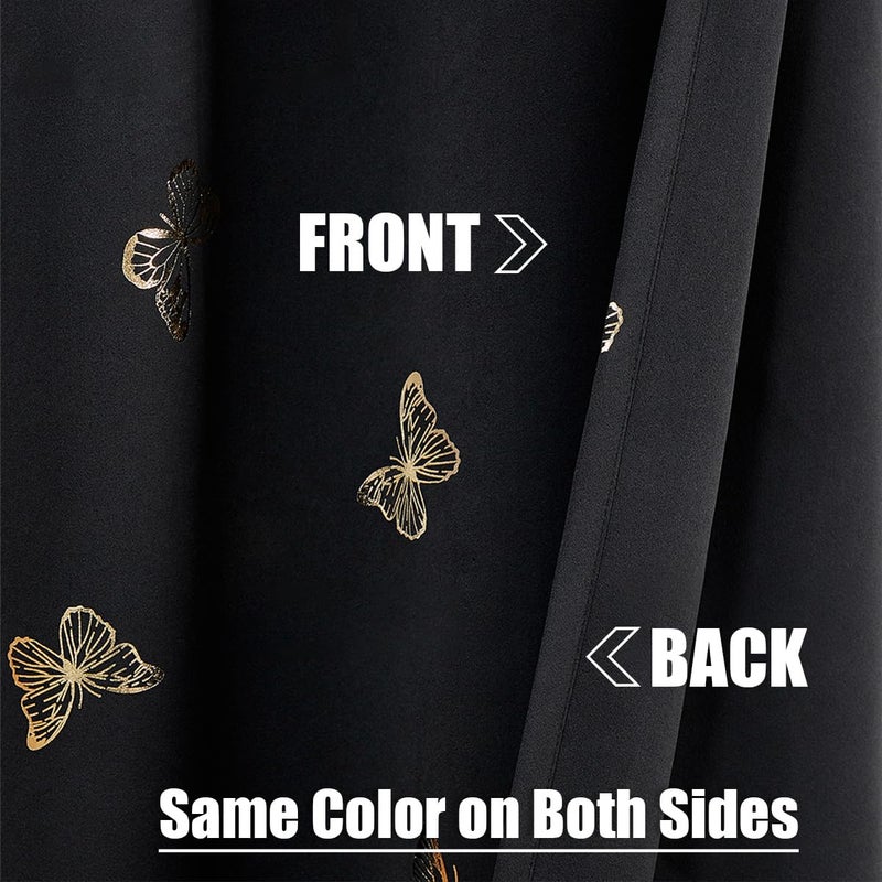 Jubilantex Butterfly Blackout Curtains 2 Panels for Kids Bedroom Black Gold Foil Print Floral Drapery 100% Room Darkening for Halloween Grommet Top  54"" Long - Image 5