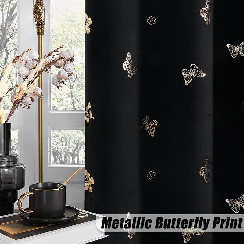 Jubilantex Butterfly Blackout Curtains 2 Panels for Kids Bedroom Black Gold Foil Print Floral Drapery 100% Room Darkening for Halloween Grommet Top  54"" Long - Image 2