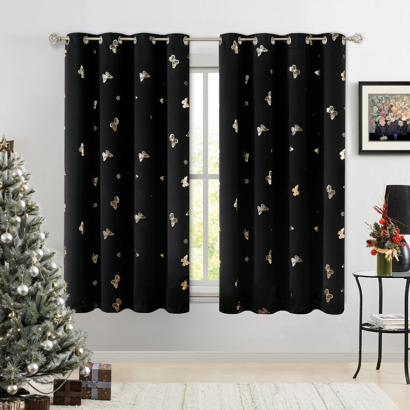 Jubilantex Butterfly Blackout Curtains 2 Panels for Kids Bedroom Black Gold Foil Print Floral Drapery 100% Room Darkening for Halloween Grommet Top  54"" Long - Image 1