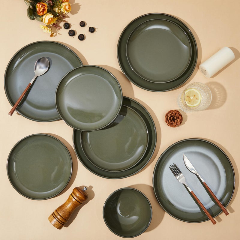 Pokini Santorini Mist Terracotta Reactive Glaze Plates and Bowls Sets, Stoneware Dinnerware Sets, Microwave and Dishwasher Safe Ceramic Dish Set Service for 4, Blackish Green - Image 3