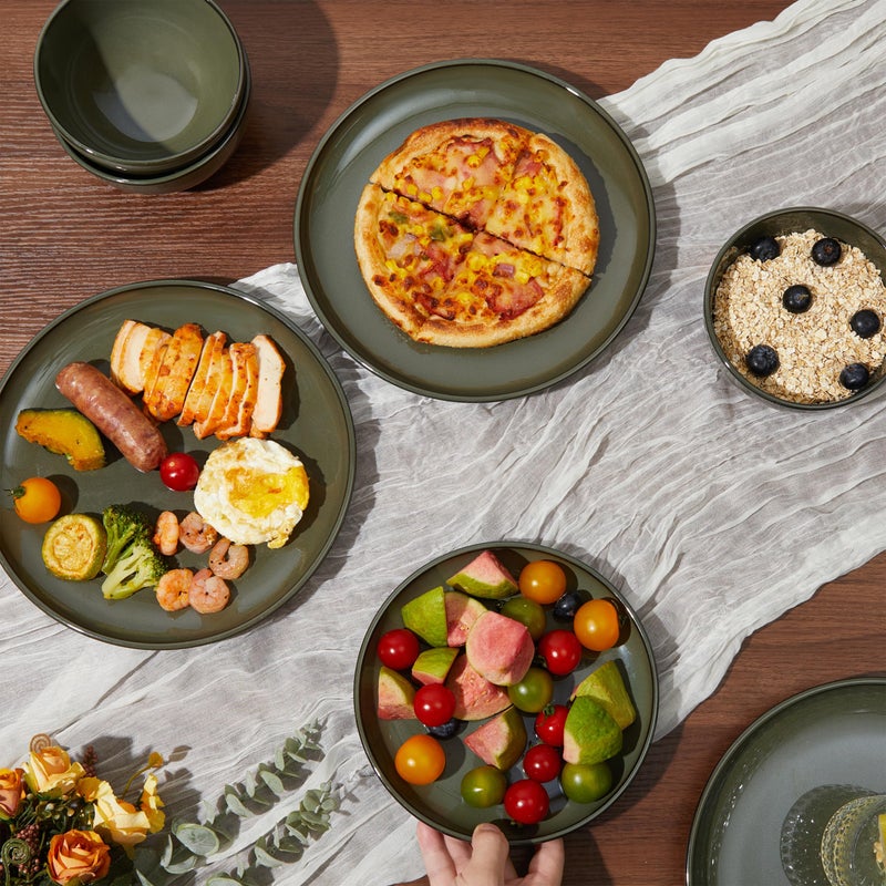 Pokini Santorini Mist Terracotta Reactive Glaze Plates and Bowls Sets, Stoneware Dinnerware Sets, Microwave and Dishwasher Safe Ceramic Dish Set Service for 4, Blackish Green - Image 4