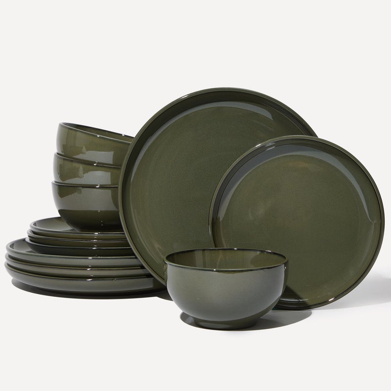 Pokini Santorini Mist Terracotta Reactive Glaze Plates and Bowls Sets, Stoneware Dinnerware Sets, Microwave and Dishwasher Safe Ceramic Dish Set Service for 4, Blackish Green - Image 1