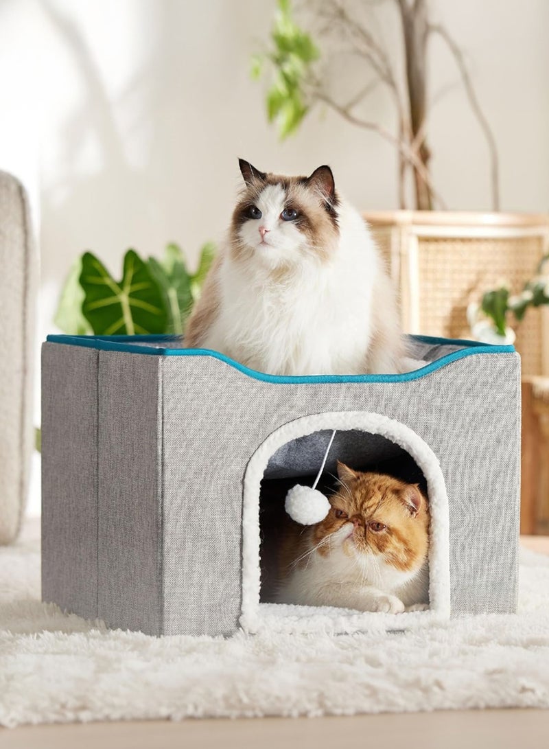 XiuWoo Large Indoor Cat Beds, Foldable Kitten House, Cat Cave, Small Aminal Hideawa, Condo Cat Cube for Pet Cube with Fluffy Ball Hanging - Image 1