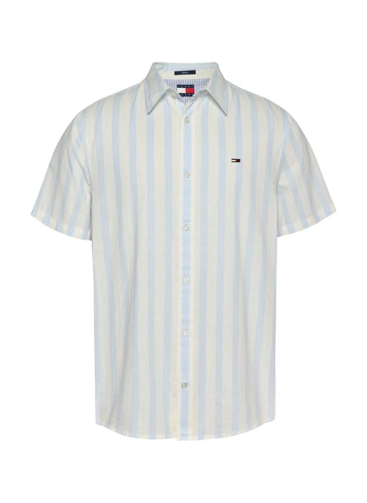 TOMMY JEANS Regular Fit Linen Blend Stripe Short Sleeve Shirt