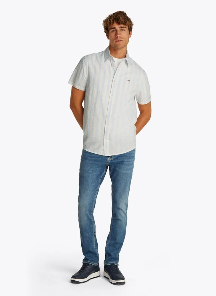 TOMMY JEANS Regular Fit Linen Blend Stripe Short Sleeve Shirt