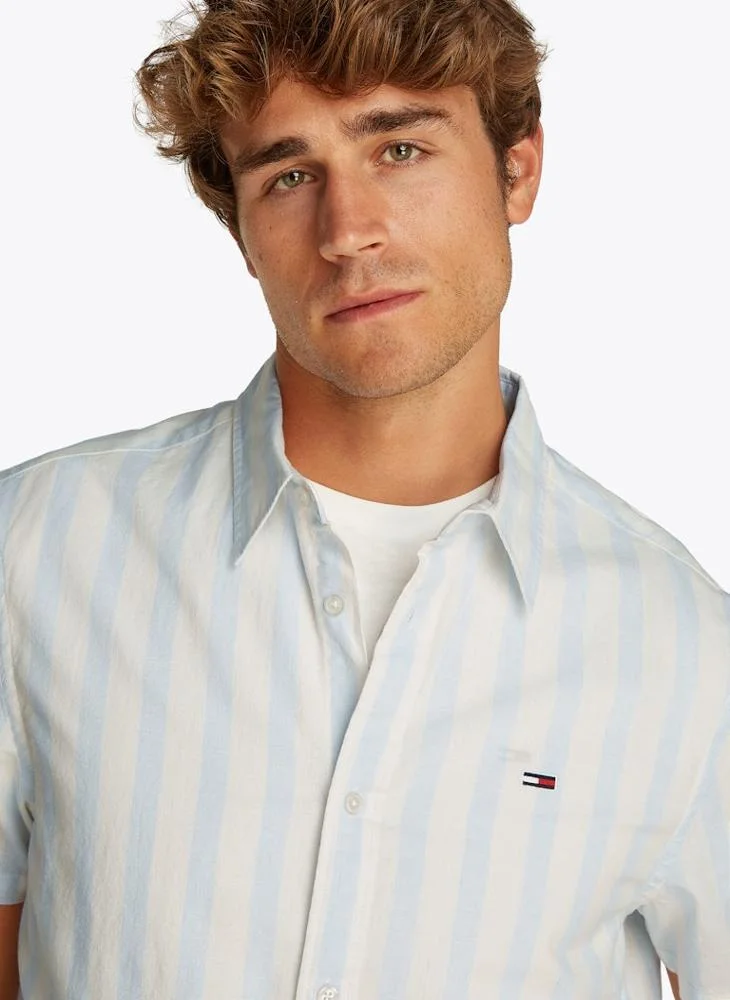 TOMMY JEANS Regular Fit Linen Blend Stripe Short Sleeve Shirt