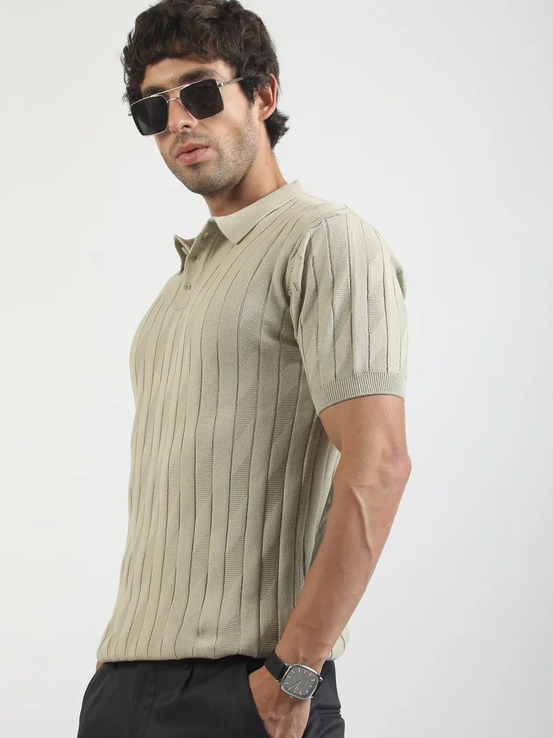 مانياك Maniac Mens Textured Polo Neck Half Sleeve Biscuit Cotton Polo Tshirt