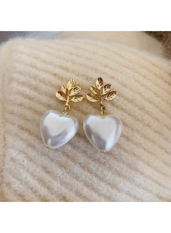 Goolsky أقراط إس925 فضة استرلينية على شكل قلب ورقة مع لؤلؤة – مجوهرات فاخرة عصرية بسيطة، لؤلؤة ونقوش ورقية مضادة للحساسية، للمكتب/الفعاليات اليومية غير الرسمية - Image 3