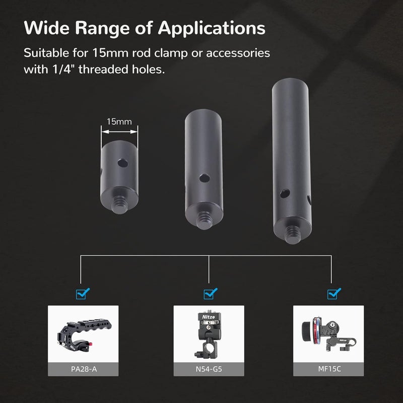 Nitze 15mm Rod with 1/4” Screw 1 Inch/2 Inches/3 Inches (3 pcs) Aluminum Alloy 15mm Rods wtih 1/4" Male to Female Threads - R15-1/4-KIT - Image 3