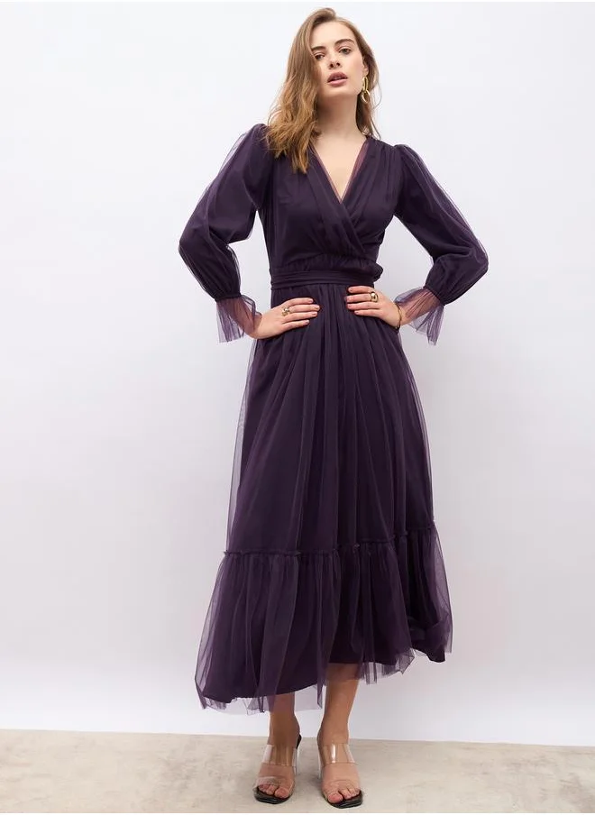 Styli Plain Long Sleeves A-Line Maxi Dress