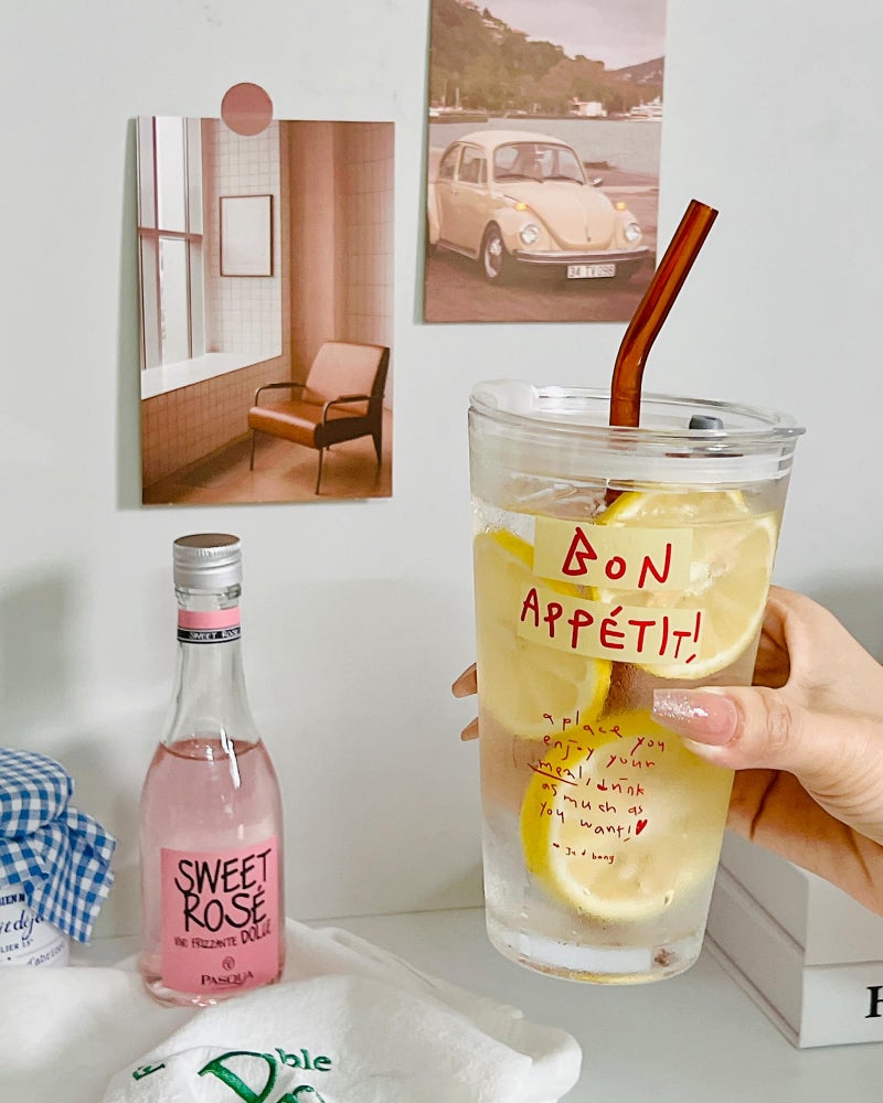Olvini 15oz Glass Tumbler with Straw and Lid, Cute Iced Coffee Cups, Aesthetic Glass Cups, Coffee Tumbler, Water Cup, Matcha Cup, Drinking Glasses (Bon AppÃ©tit) - Image 3