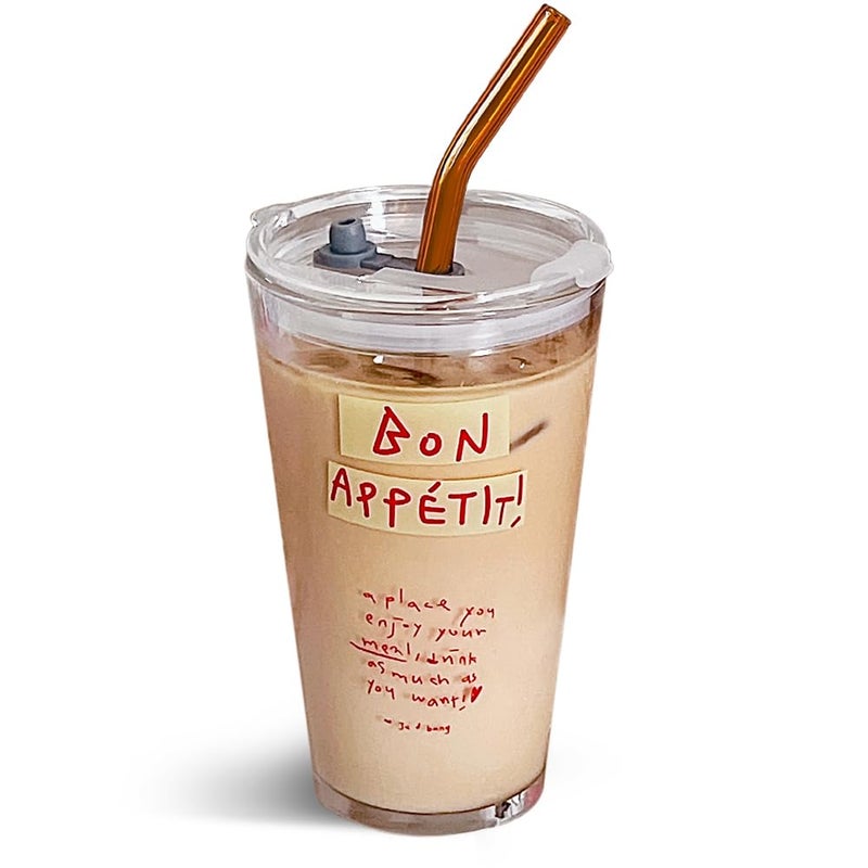 Olvini 15oz Glass Tumbler with Straw and Lid, Cute Iced Coffee Cups, Aesthetic Glass Cups, Coffee Tumbler, Water Cup, Matcha Cup, Drinking Glasses (Bon AppÃ©tit) - Image 1