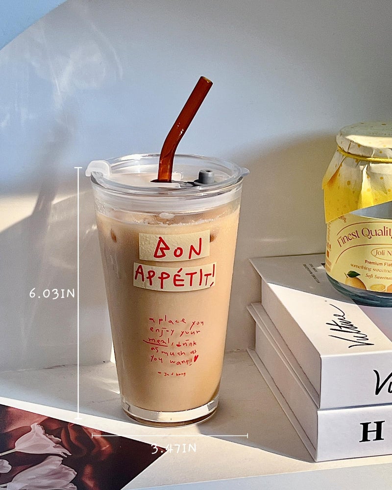 Olvini 15oz Glass Tumbler with Straw and Lid, Cute Iced Coffee Cups, Aesthetic Glass Cups, Coffee Tumbler, Water Cup, Matcha Cup, Drinking Glasses (Bon AppÃ©tit) - Image 4