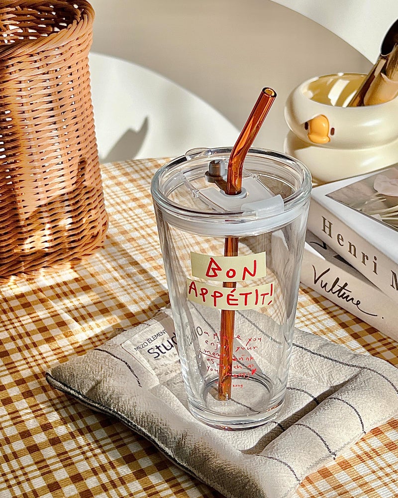 Olvini 15oz Glass Tumbler with Straw and Lid, Cute Iced Coffee Cups, Aesthetic Glass Cups, Coffee Tumbler, Water Cup, Matcha Cup, Drinking Glasses (Bon AppÃ©tit) - Image 2