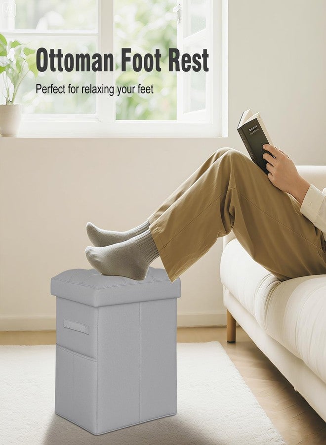 BelugaHelper Ottoman with Storage, Ottoman Foot Rest Stool with Handles & Side Pocket. Folding Leather Storage Bench with Thicker Foam Padded Seat. Slim Tall Ottomans for Living Room 350lbs, 17x13x17in, Grey - Image 2