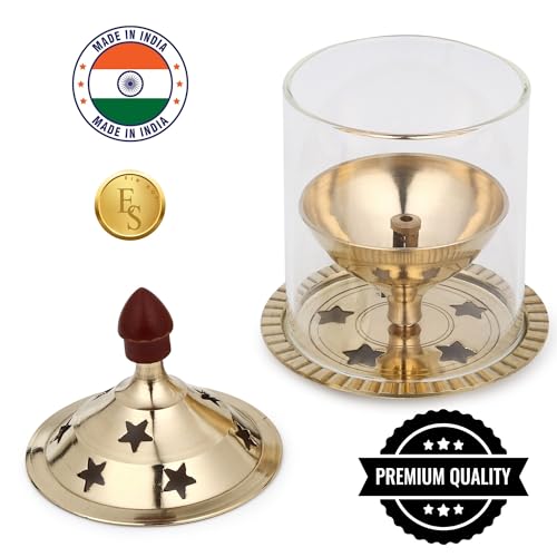 EIN SOF 5 inches Medium Gold Brass Akhand Diya with Borosilicate Glass Cover for Puja Aarti & Home Decoration - Oil & Camphor Lamp, Glass Tealight Candle Holder - Gold & White - Image 5
