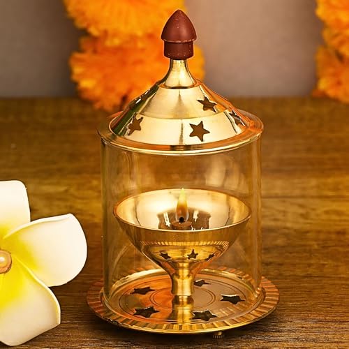 EIN SOF 5 inches Medium Gold Brass Akhand Diya with Borosilicate Glass Cover for Puja Aarti & Home Decoration - Oil & Camphor Lamp, Glass Tealight Candle Holder - Gold & White - Image 1