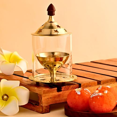 EIN SOF 5 inches Medium Gold Brass Akhand Diya with Borosilicate Glass Cover for Puja Aarti & Home Decoration - Oil & Camphor Lamp, Glass Tealight Candle Holder - Gold & White - Image 3