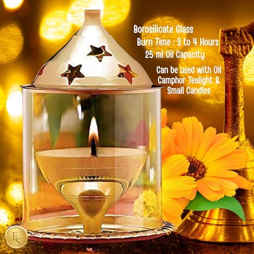 EIN SOF 5 inches Medium Gold Brass Akhand Diya with Borosilicate Glass Cover for Puja Aarti & Home Decoration - Oil & Camphor Lamp, Glass Tealight Candle Holder - Gold & White - Image 4