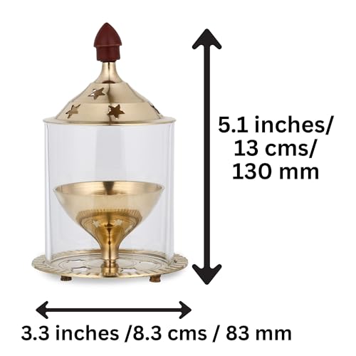 EIN SOF 5 inches Medium Gold Brass Akhand Diya with Borosilicate Glass Cover for Puja Aarti & Home Decoration - Oil & Camphor Lamp, Glass Tealight Candle Holder - Gold & White - Image 2
