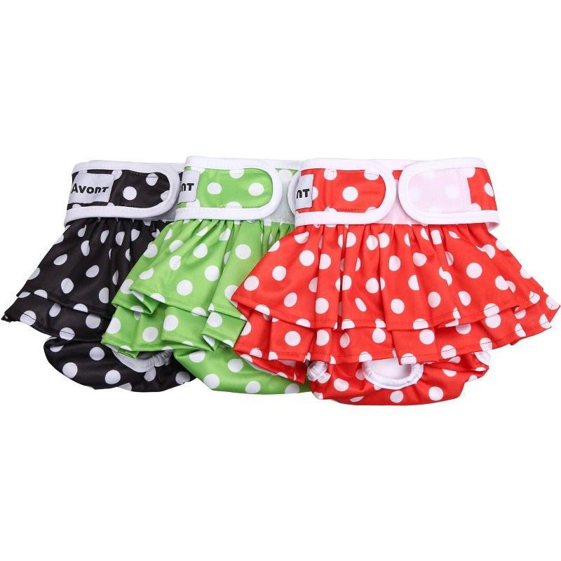 Avont 3 Pack Washable Female Dog Diapers, Reusable Period Diapers Cover for Girl Doggies Heat Cycle, Incontinence -Black/Green/Red Dot(XS) - Image 1