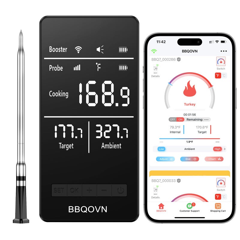 BBQOVN Smart WiFi Wireless Meat Thermometer Unlimited Range 7 NIST Cert.Sensors Accuracy Â±0.5Â°F Sub-1G (10X Stronger Than Bluetooth) APP&Digital Base,Monitor for BBQ, Grill,Oven, Smoker(1, Black, Small) - Image 1